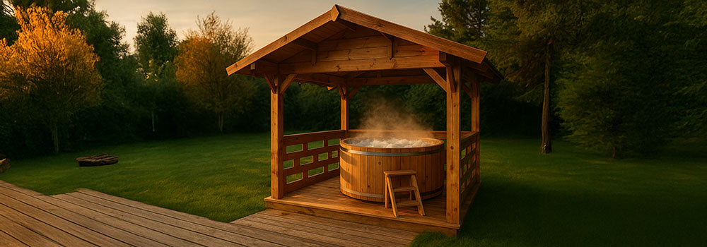 Steaming round wooden hot tub under gazebo on a garden deck at sunset.