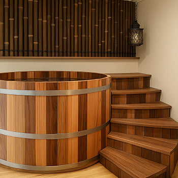 Round wooden hot tub with curved steps in a serene indoor spa space featuring bamboo wall accents.
