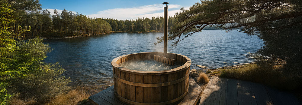 Round wooden hot tub on a lakeside deck surrounded by pine forest.