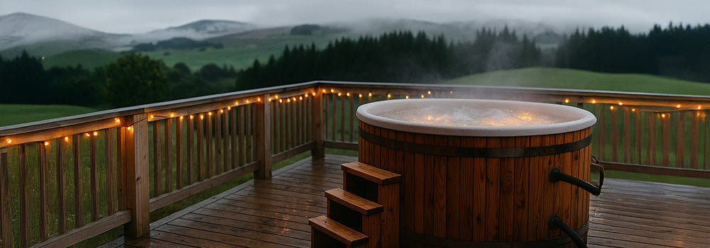 Steaming round wooden hot tub on a covered deck with string lights overlooking misty hills.