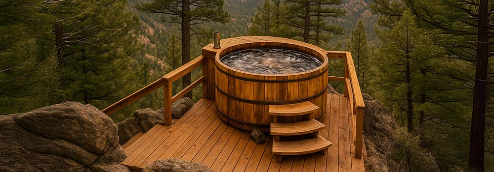 Rustic round wooden hot tub on a mountain deck surrounded by pine trees at sunset.