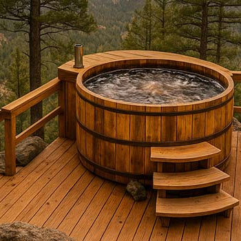 Rustic round wooden hot tub on a mountain deck surrounded by pine trees at sunset.