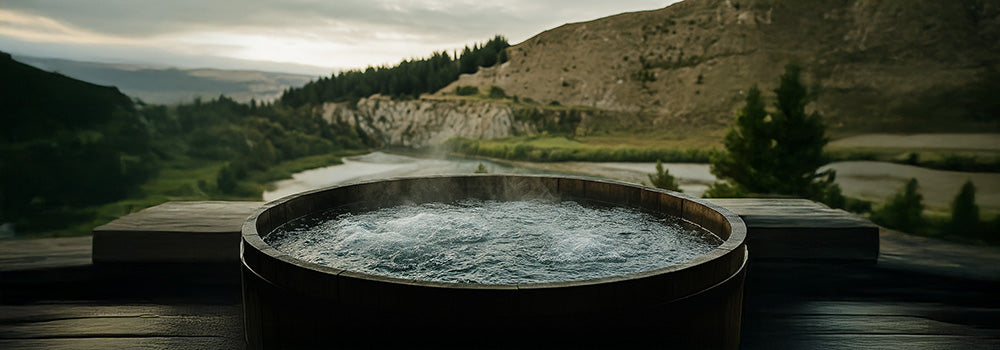 Round wooden hot tub steaming on a deck with a panoramic view of a river winding through a mountain valley.