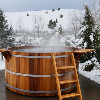 Steaming wooden hot tub on a snow-lined path with a winter forest and snowy hillside in the background.