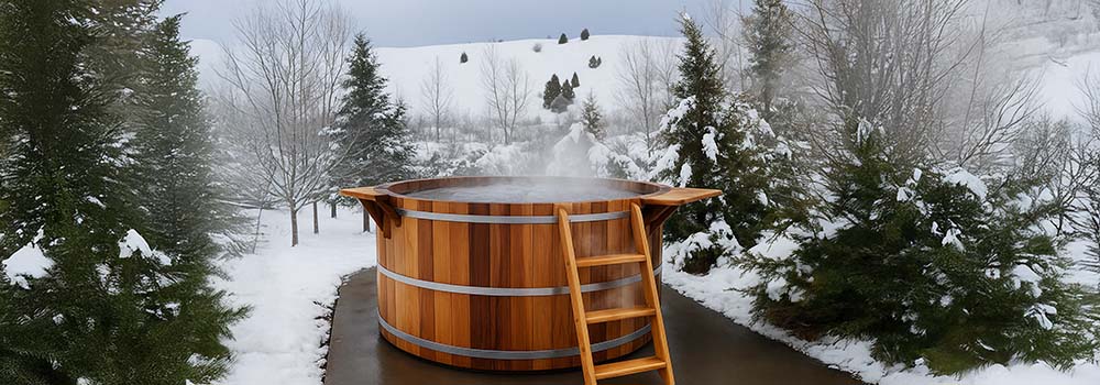 Steaming wooden hot tub on a snow-lined path with a winter forest and snowy hillside in the background.