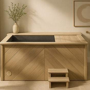 Modern wooden ice bath tub in a minimalist spa room with beige walls and soft natural lighting.