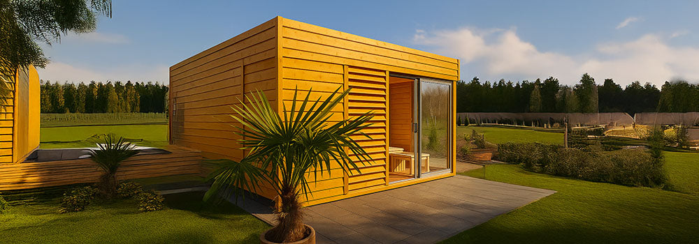 Yellow wood outdoor sauna with sliding glass door and louvered panels on a patio with palm tree and garden views.