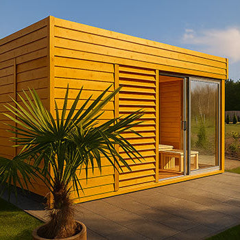 Yellow wood outdoor sauna with sliding glass door and louvered panels on a patio with palm tree and garden views.