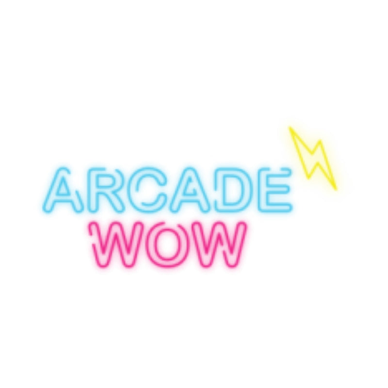 Arcade WOW logo in neon lighting.