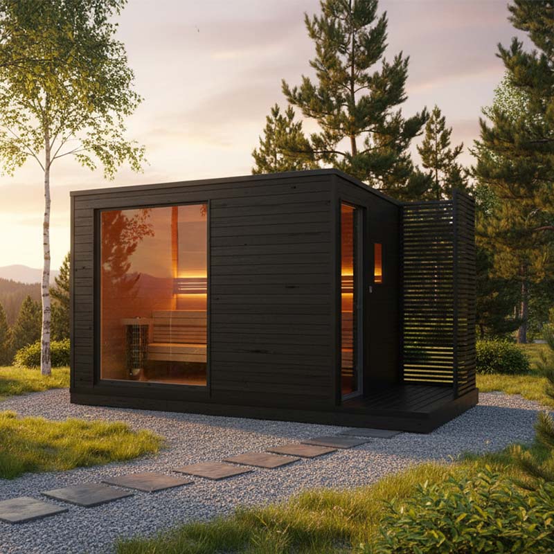 Modern outdoor sauna cabin with large glass windows, set in a serene forest landscape during sunset, offering a peaceful wellness retreat.