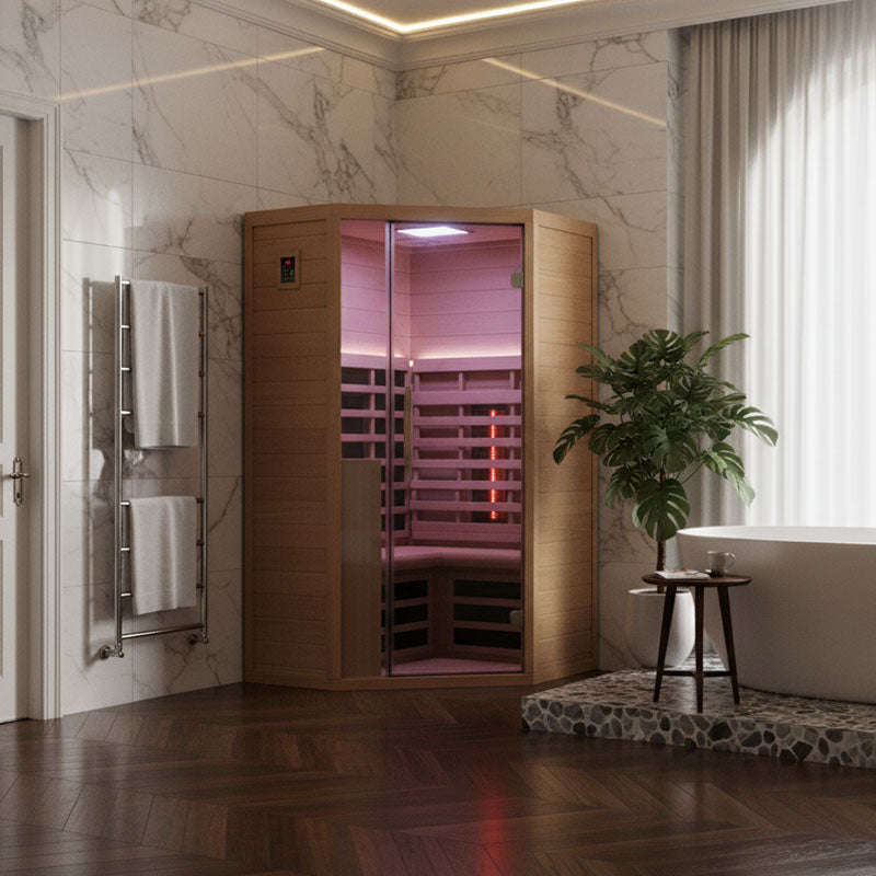 Luxurious infrared sauna installed in a high-end marble bathroom with a freestanding bathtub, offering a premium home spa experience.