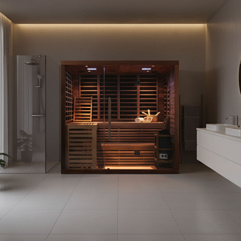 Modern wooden sauna cabin with glass front in a minimalist white bathroom, ideal for wellness, detox, and relaxation at home.