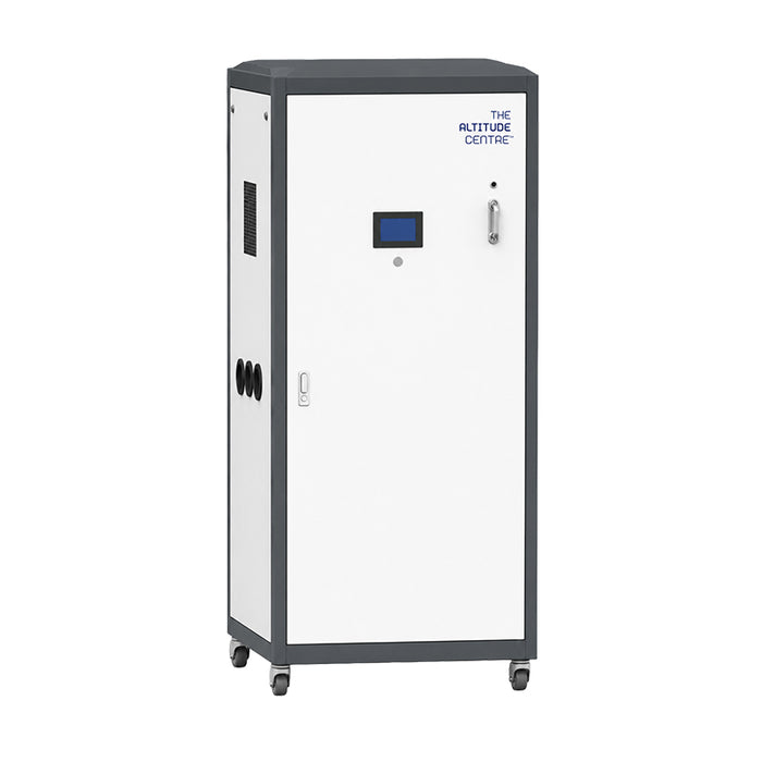 Altitude Centre MetraFit 3000 Active standalone unit in white and dark grey finish on castors, front three-quarter view with touchscreen display panel and ventilation grille visible.