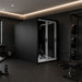 Altitude Centre MetraFit 3000 POD in black with sliding glass doors and exercise bike inside, installed in a dark home gym with dumbbells, kettlebells and power rack.