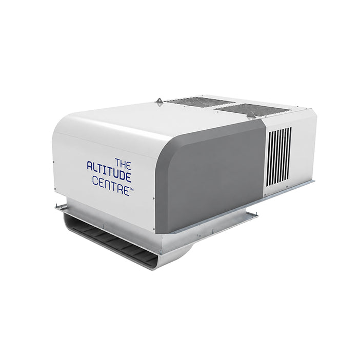 Altitude Centre MetraFit 3000 POD hypoxic generator unit in white and dark grey with blue digital display, ventilation grille and locking casters, white studio background.