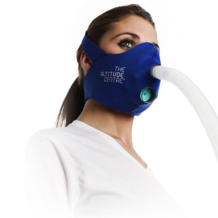 Close-up of the Altitude Centre MetraFit Pro blue branded breathing mask worn by a female model, showing the fitted neoprene design and hose connector on a white background