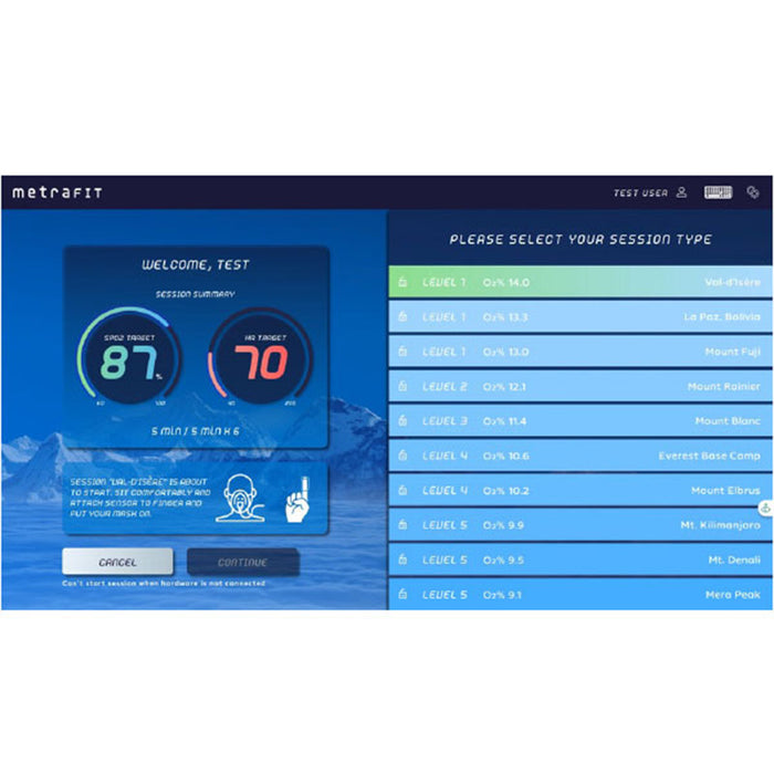 Altitude Centre MetraFit Pro software interface showing session selection screen with altitude levels ranging from Val d'Isère to Mera Peak, alongside a live session summary displaying SpO2 and heart rate targets