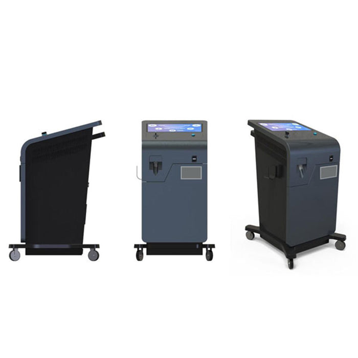 Altitude Centre MetraFit Pro hypoxic training unit shown from three angles — side, front, and three-quarter — on a white background, highlighting the compact upright design and built-in touchscreen