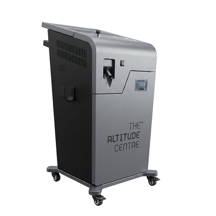 Altitude Centre MetraFit Pro hypoxic training unit in dark grey and black, shown as a standalone product with branded casing, hose port, and castor wheels