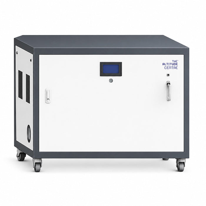 Altitude Centre MetraFit Sleep horizontal generator unit in white and dark grey with blue digital display, locking casters and ventilation grilles, white studio background.