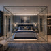 Altitude Centre MetraFit Sleep glass enclosure with black frame surrounding a double bed with navy blue bedding and pendant lights, installed in a luxury bedroom with city views at dusk.