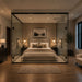 Altitude Centre MetraFit Sleep glass enclosure with black frame surrounding a double bed with warm beige and tan bedding, installed in a neutral-toned bedroom with wood flooring and fluted wall panelling.