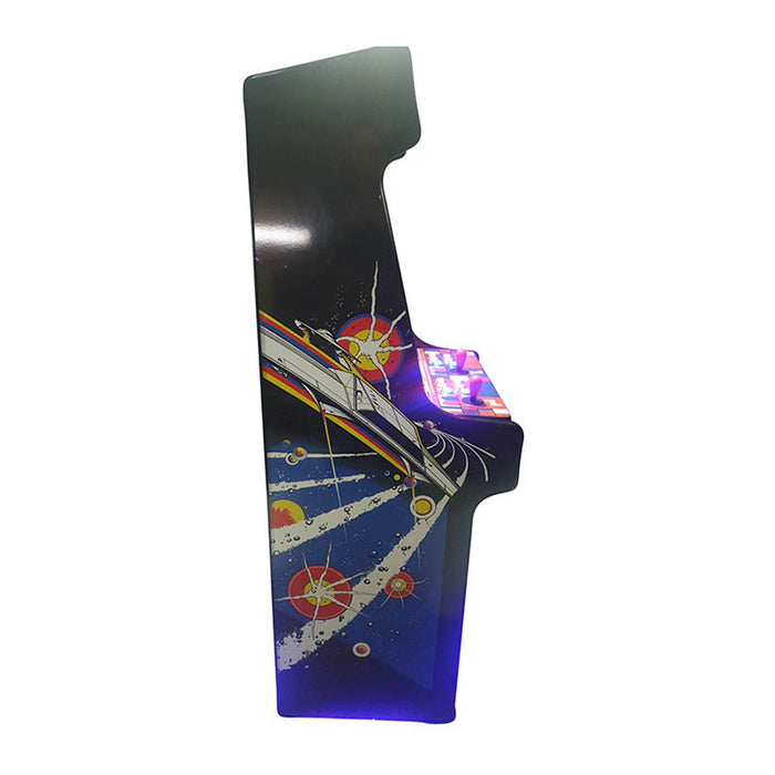 Side view of an Arcade WOW Asteroids style machine with lit controls.