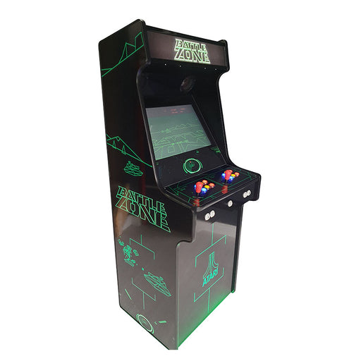 Angled side view on Arcade WOW Battle Zone machine with green graphics on black.