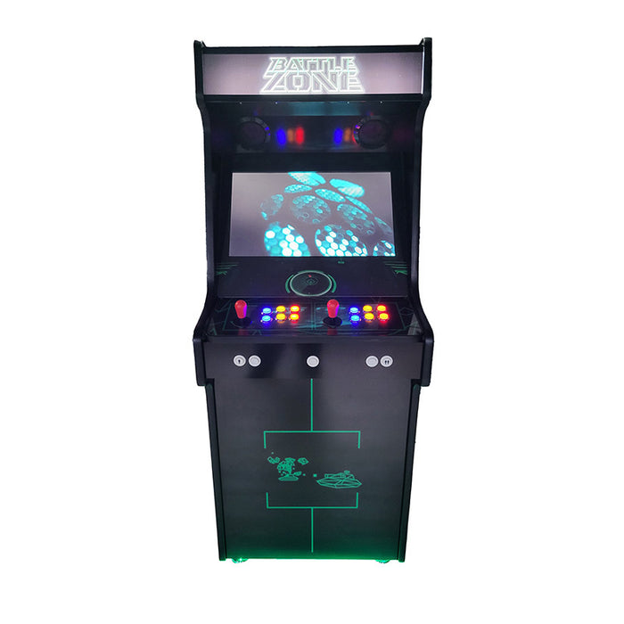 Full front view of Arcade WOW Battle Zone arcade machine with screen on and illuminated controls.