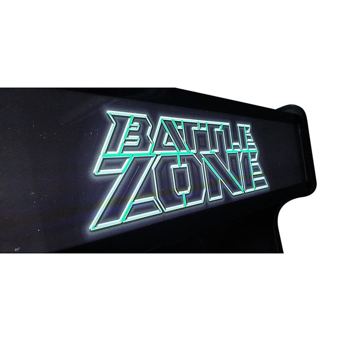 Detail of Arcade WOW machine's marquee with green neon Battle Zone title.