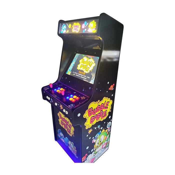 Angled view of Bubble Bobble arcade machine with side artwork.