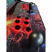 Close-up of arcade joystick and red-lit buttons on dark fiery background.