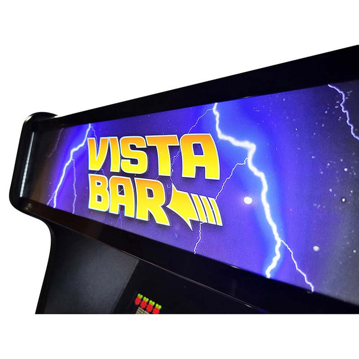 Marquee close-up of custom Arcade WOW machine with 'VISTA BAR' title in yellow.