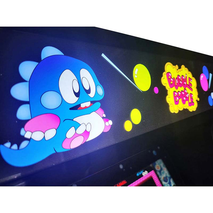 Marquee close-up of custom Arcade WOW machine with 'BUBBLE BOBBLE' title.