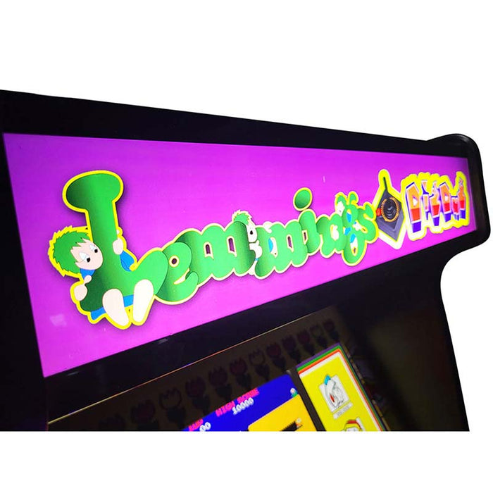 Marquee close-up of custom Arcade WOW machine with 'Lemmings' title in green.