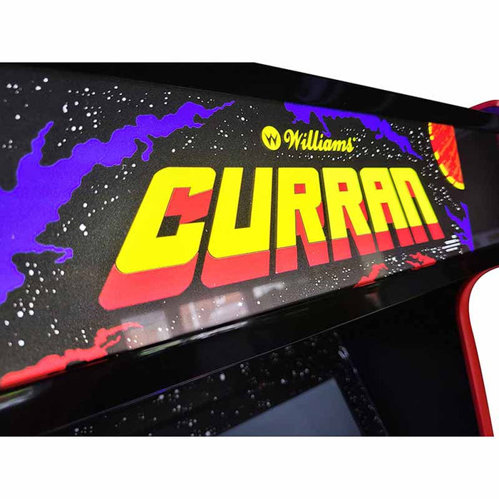 Marquee close-up of custom Arcade WOW machine with 'CURRAN' title in red and yellow.