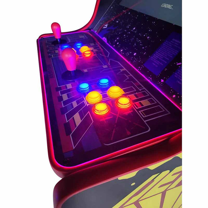 Illuminated control panel of Arcade WOW Defender style arcade machine.