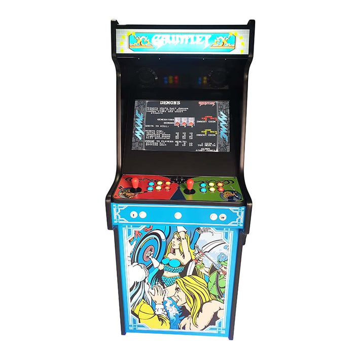 Front view of Gauntlet arcade machine with screen and control panel.