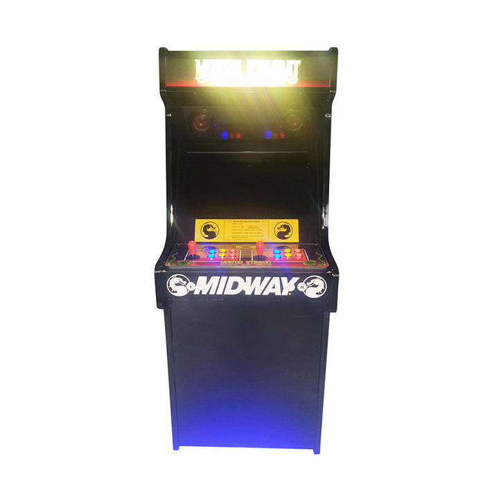 Front view of a Mortal Kombat style arcade machine showing controls and screen.