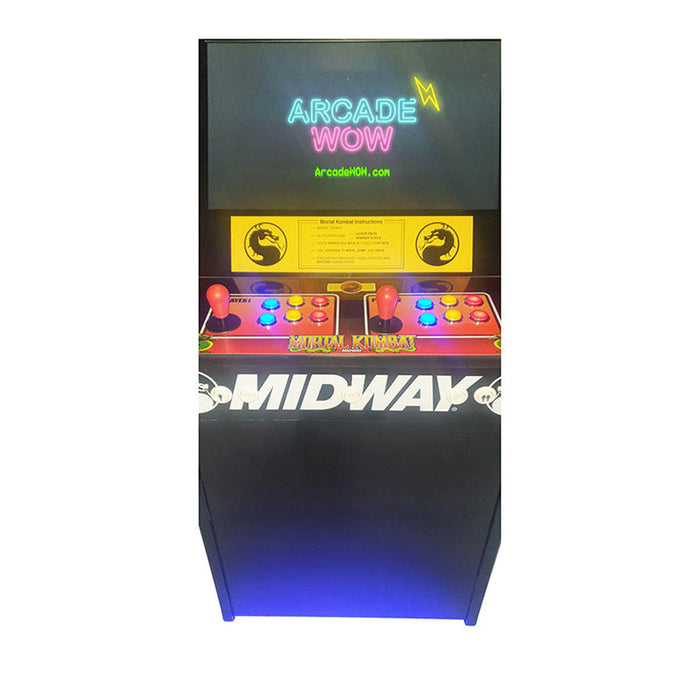 Close up of a Mortal Kombat arcade machine with neon overhead lighting and illuminated screen.