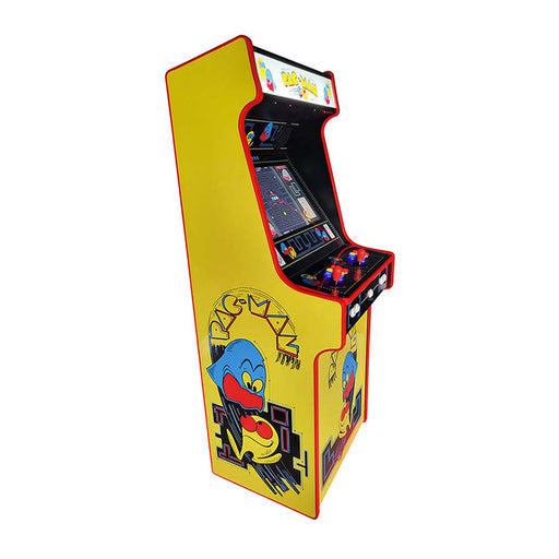 Angled side view on a bright yellow Pac-Man arcade machine at with lit marquee.