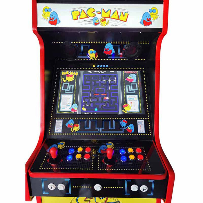 Close-up of the Pac-Man style arcade machines and control panel.