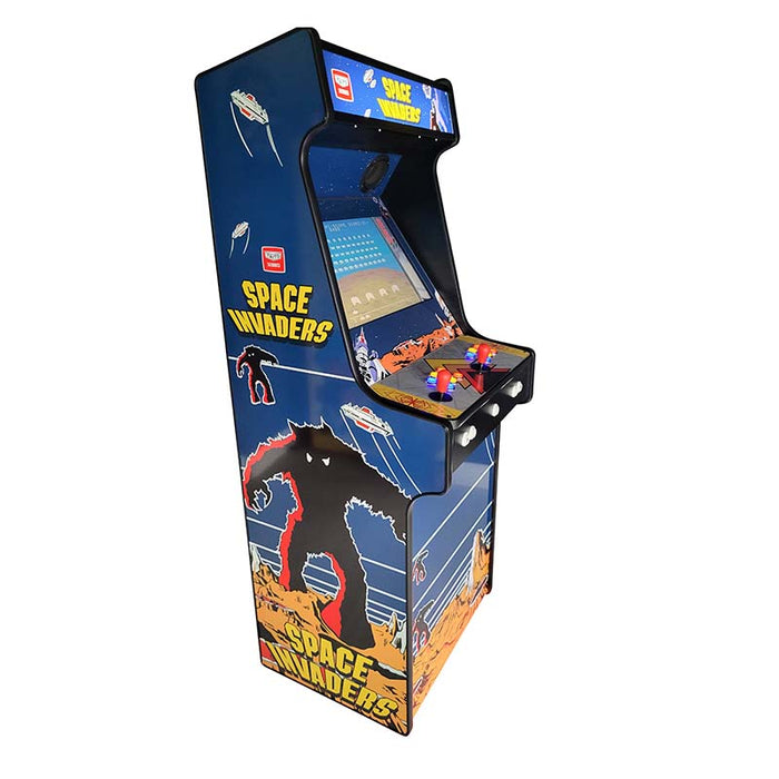 Diagonal view of Space Invaders arcade machine with lighted controls.