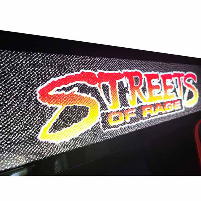 Close-up of Arcade WOW Streets of Rage arcade marquee with game title and design.