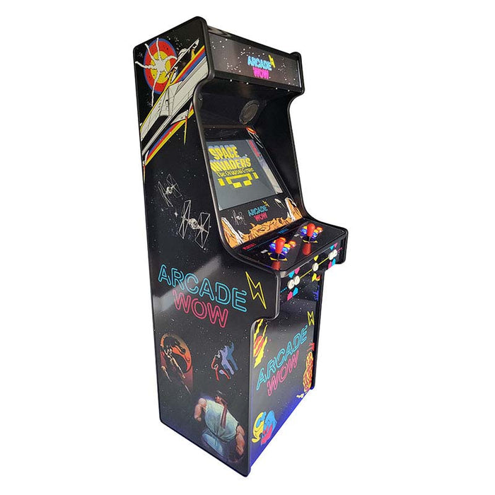 Angled frontal view of Arcade WOW style machine with colorful buttons and joystick.