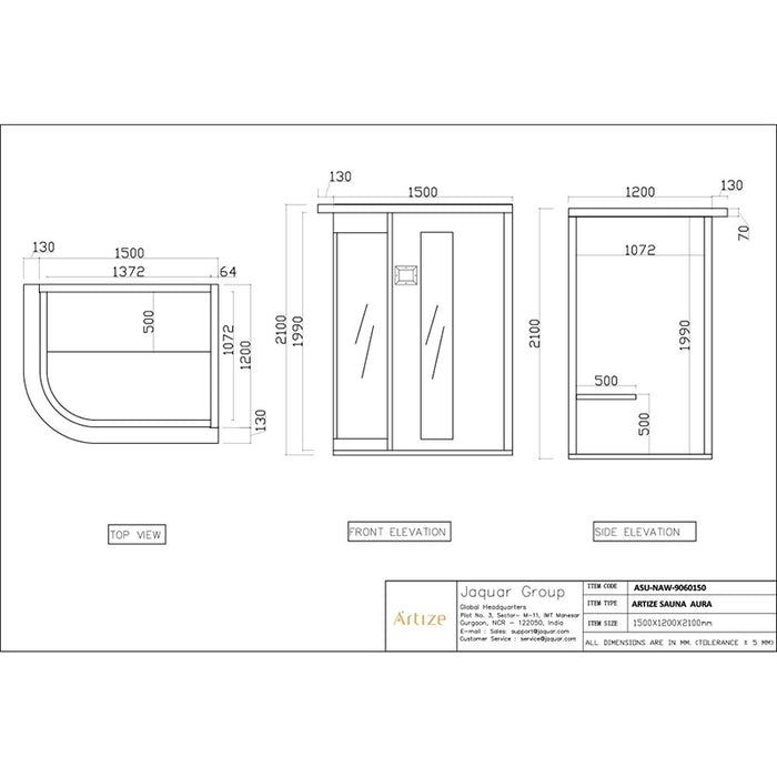 Technical drawing of Artize Aura Infrared Sauna with dimensions.