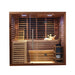 Frontal view of wooden Artize Bio Sauna (6-8 Seater) interior with benches and heater.