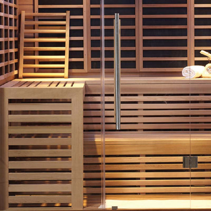 Frontal angle of wooden Artize Bio Sauna, glass door open.