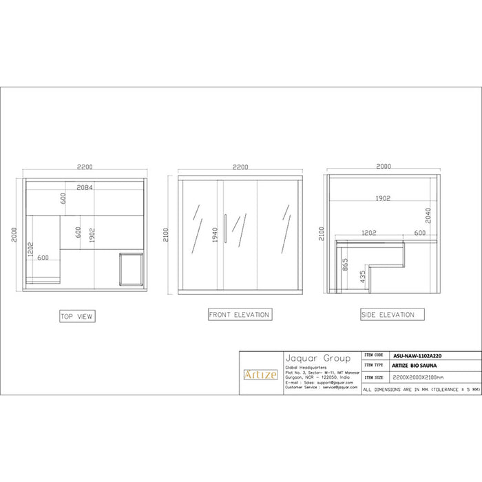 Technical drawing of Artize Bio Sauna showing measurements and multiple angles.