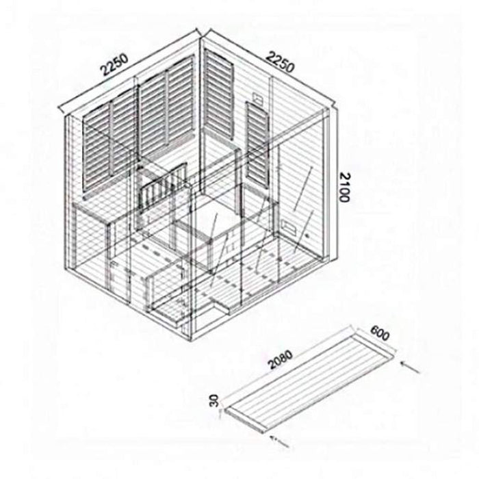 Technical drawing of Artize Bio Sauna with measurements.